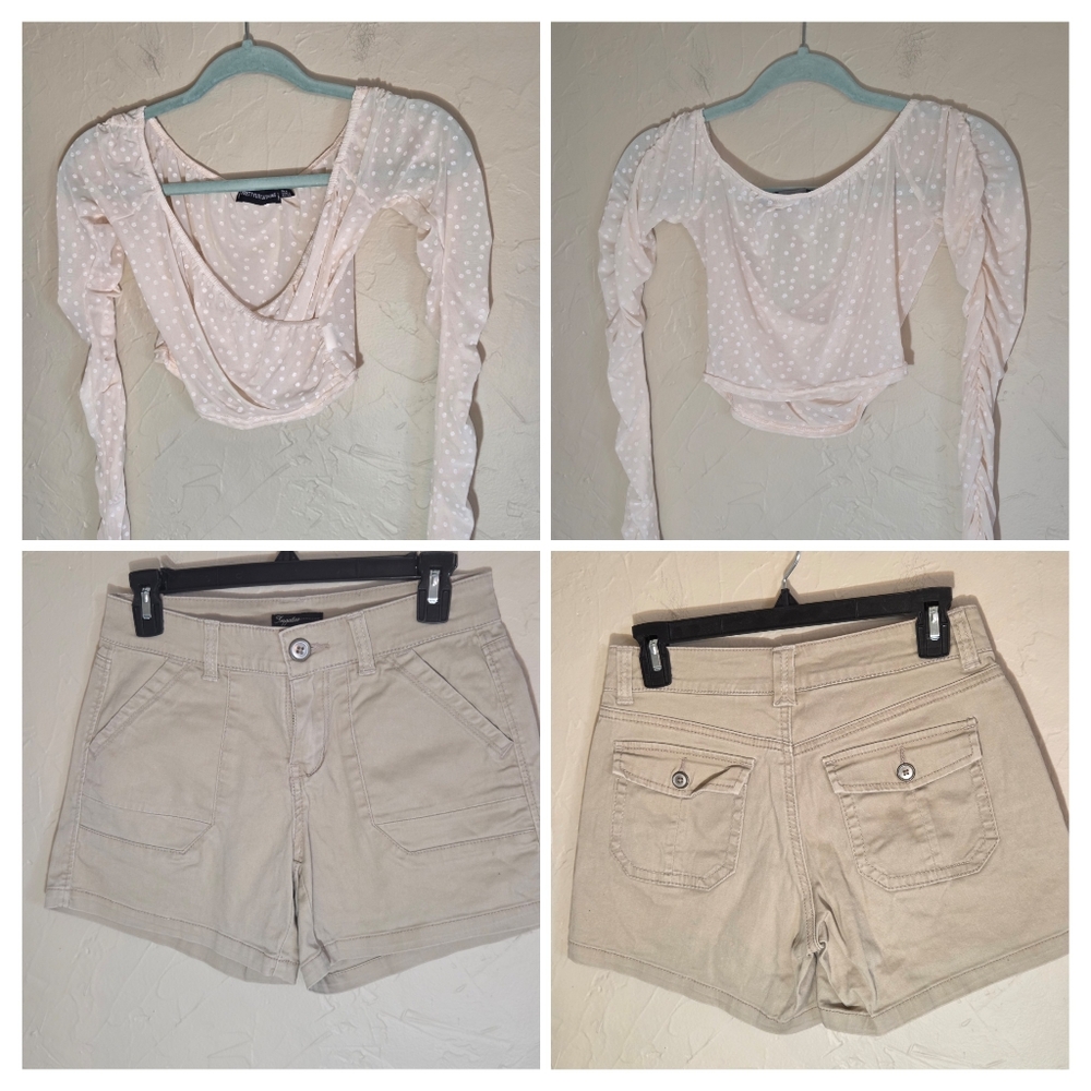 Supplies Khaki Shorts sz2,Pretty Little Thing Polka Dot Mesh Crop Top sz 2